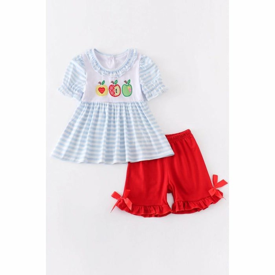 Girls * | Cheap Girls Honeydew Blue Stripe Apple Embroidery Set