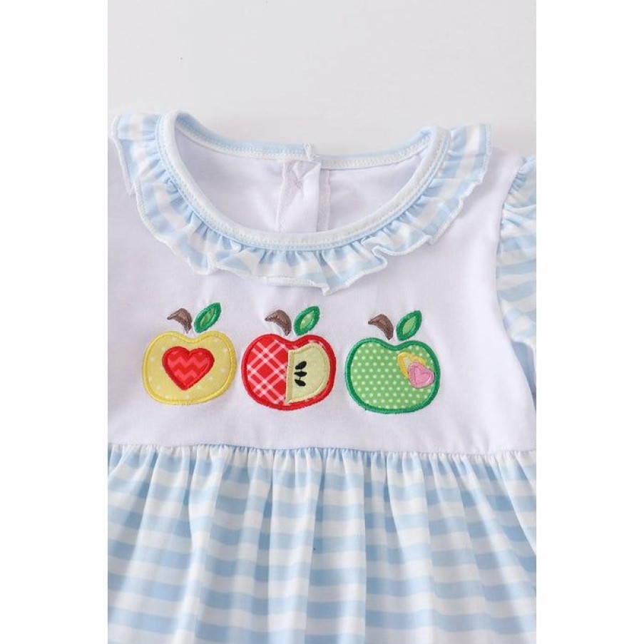 Girls * | Cheap Girls Honeydew Blue Stripe Apple Embroidery Set