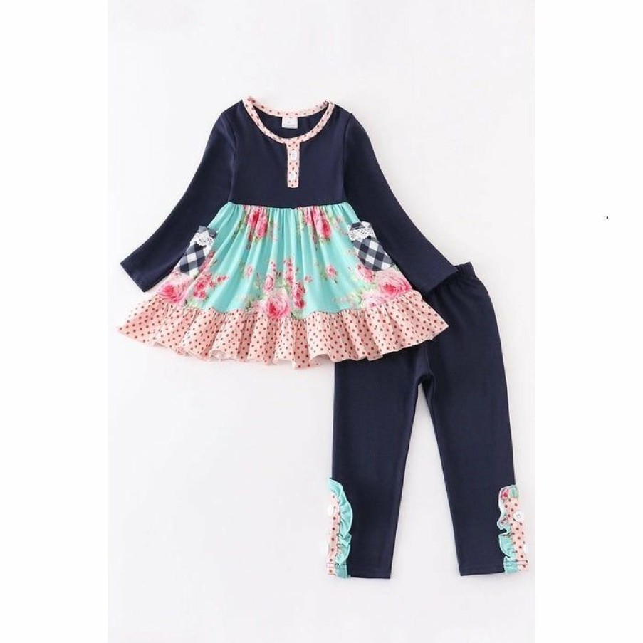 Girls * | Wholesale Girls Honeydew Floral Pocket Ruffle Pant Set