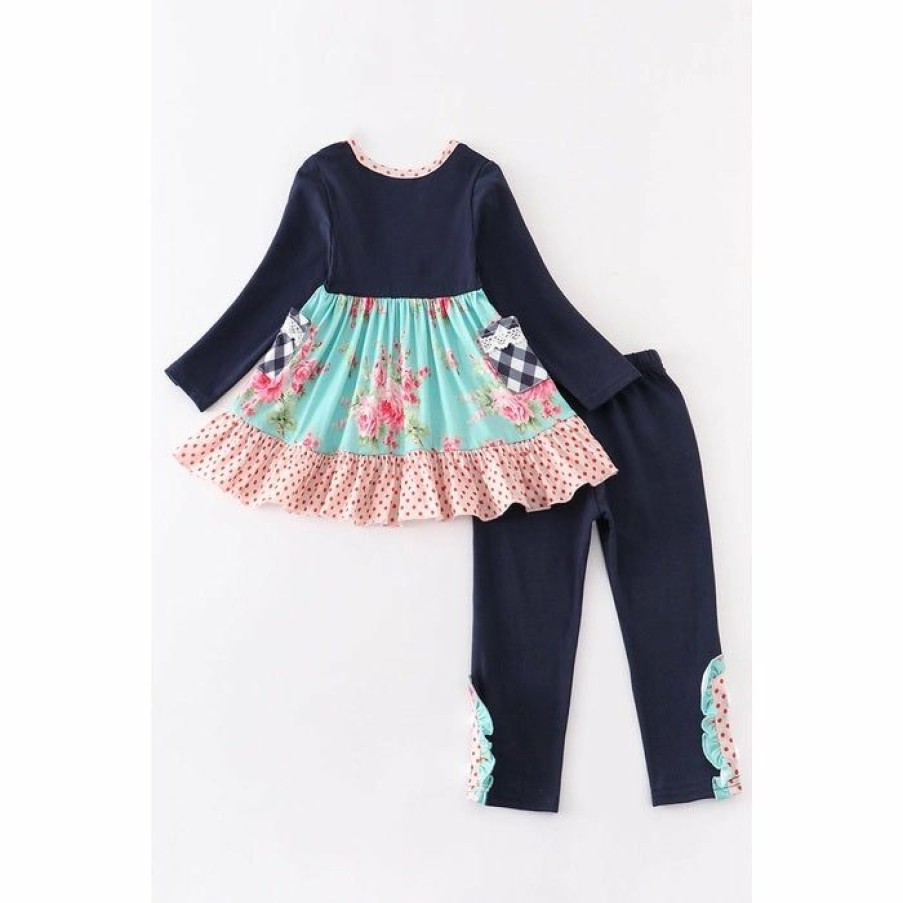 Girls * | Wholesale Girls Honeydew Floral Pocket Ruffle Pant Set