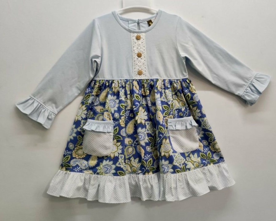 Girls * | Flash Sale Girls Banana Split Blue Paisley Pocket Dress