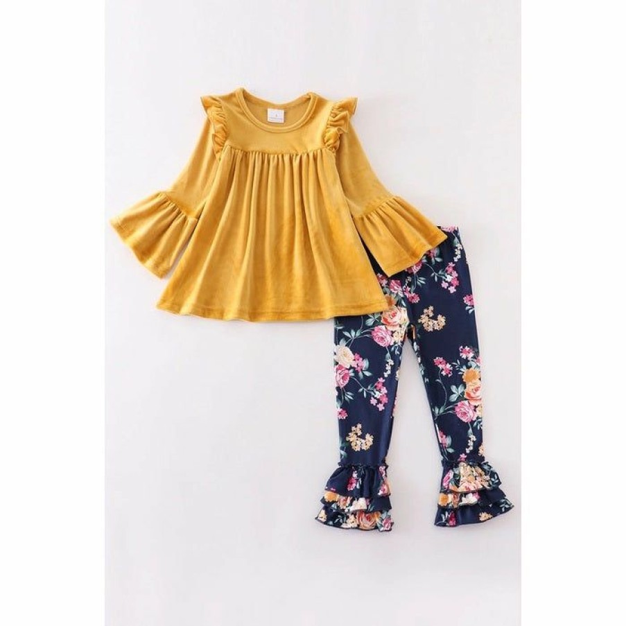 Girls * | Flash Sale Honeydew Mustard Floral Ruffle Set Girls