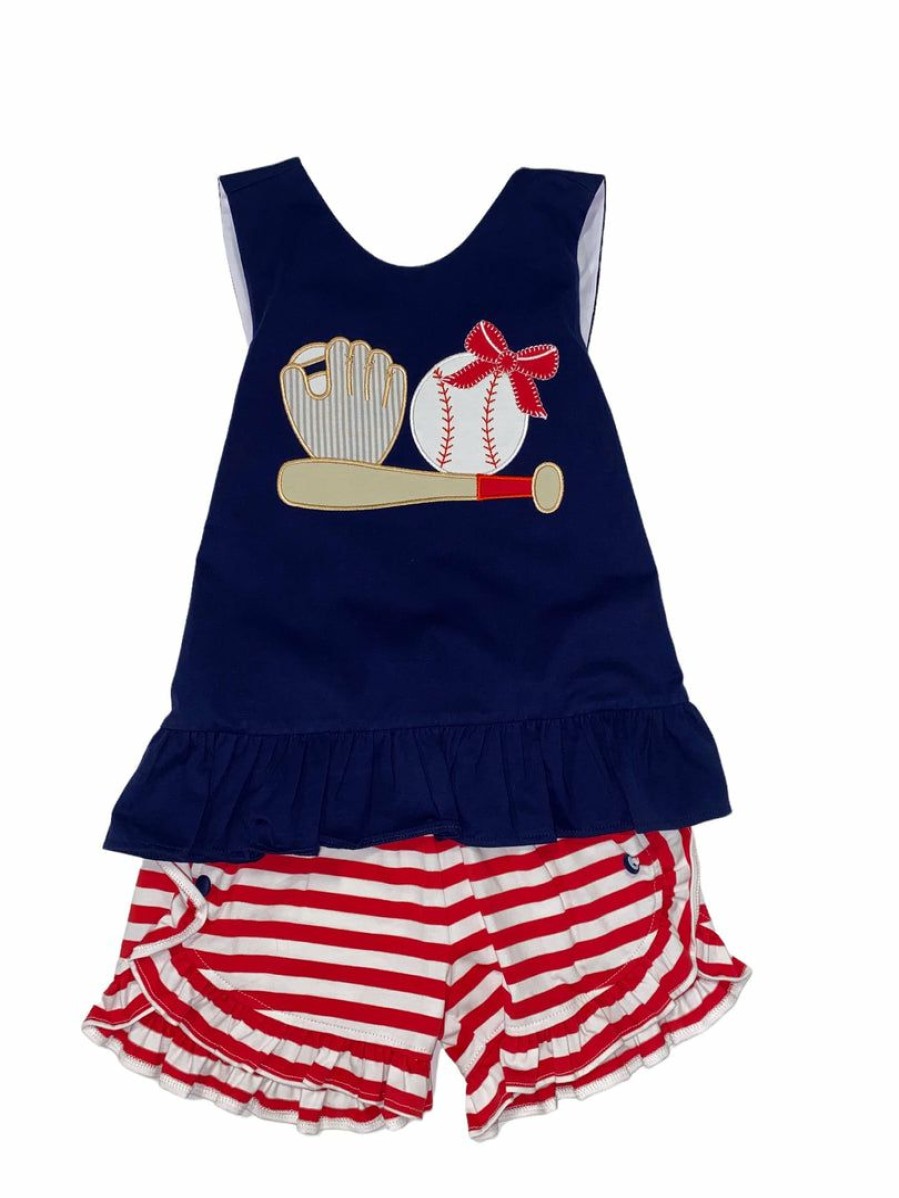 Girls * | Deals Three Sisters Girls Baseball Applique Short Set