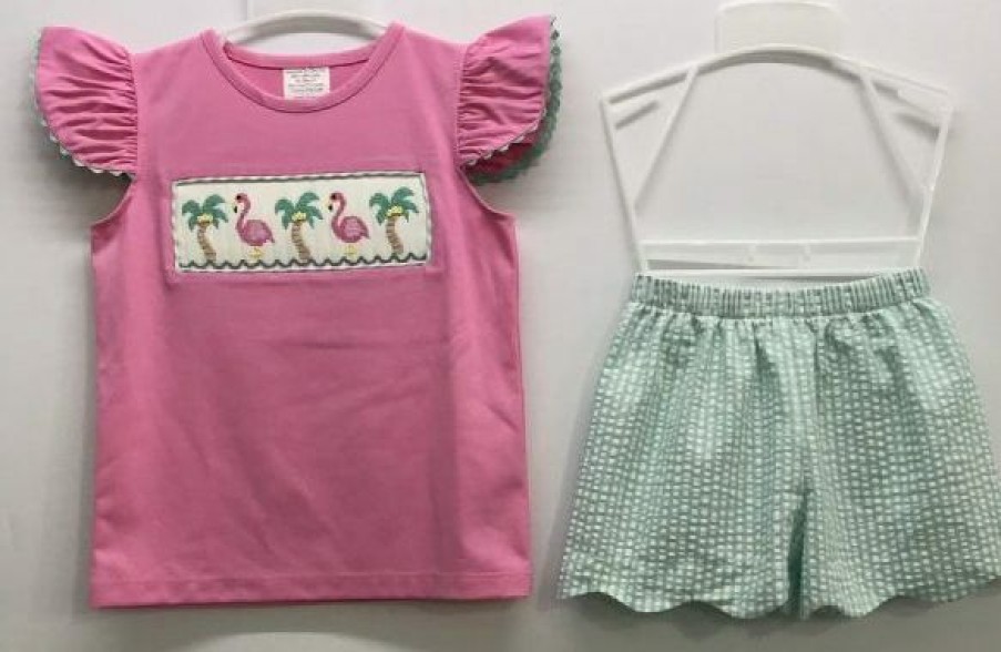 Girls * | Best Sale Banana Split Flamingo Smocked Short Set