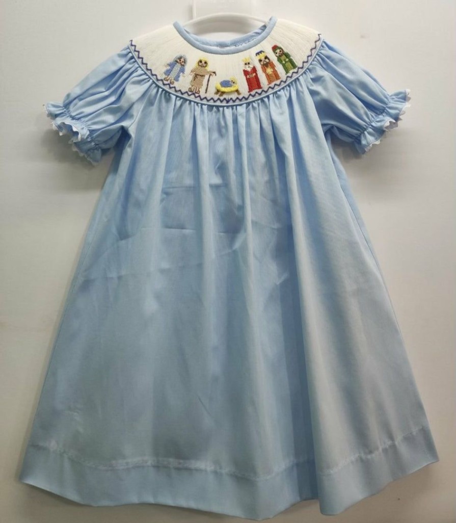 Girls * | Deals Three Sisters Nativity Smocked Bishop Dress