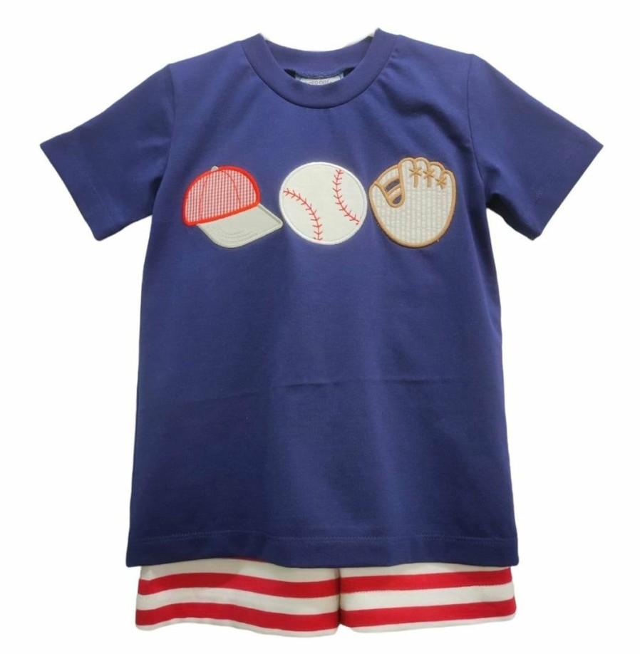 Boys * | Cheap Three Sisters Baseball Boys Applique Short Set