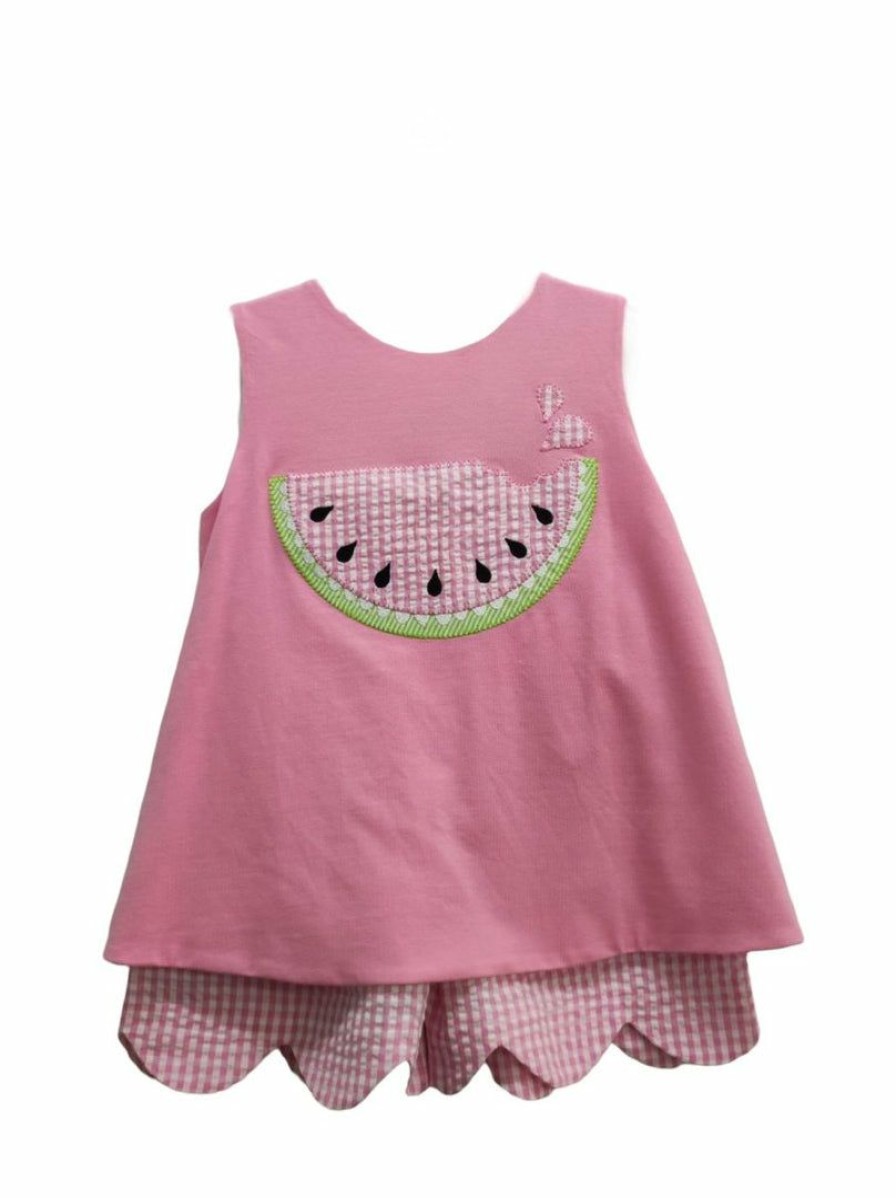 Girls * | Coupon Three Sisters Pink Watermelon Slice Short Set Girls