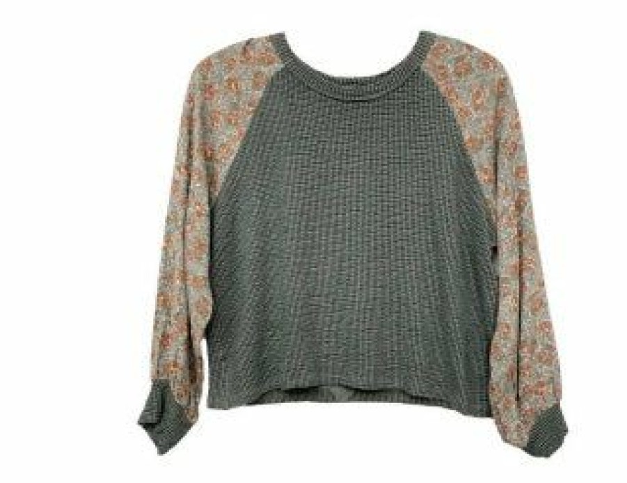 Tween * | Best Deal Tween Paper Crane Olive Floral Sleeve Top