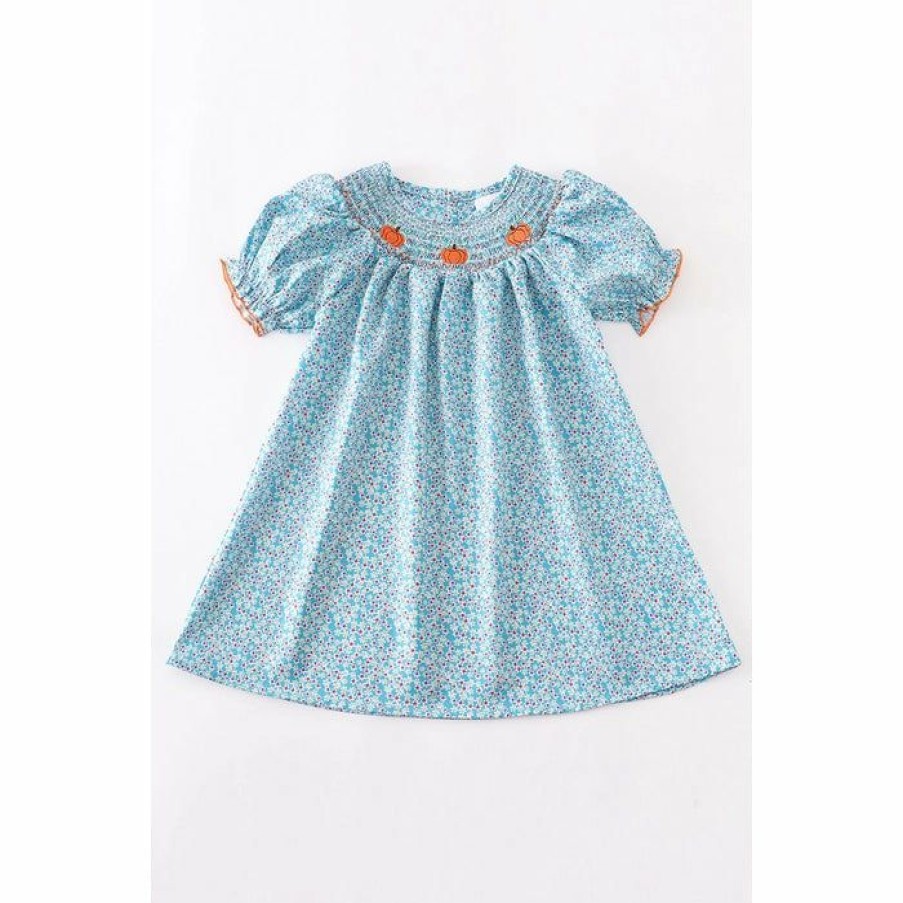 Girls * | Cheap Honeydew Blue Floral Pumpkin Smocked Bishop Dress