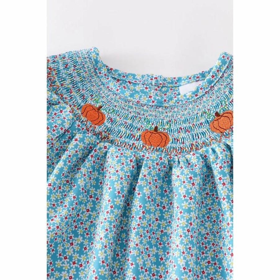 Girls * | Cheap Honeydew Blue Floral Pumpkin Smocked Bishop Dress