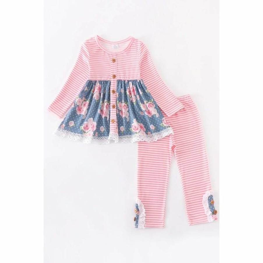 Girls * | Best Pirce Girls Honeydew Pink & Floral Stripe Button Front Pant Set