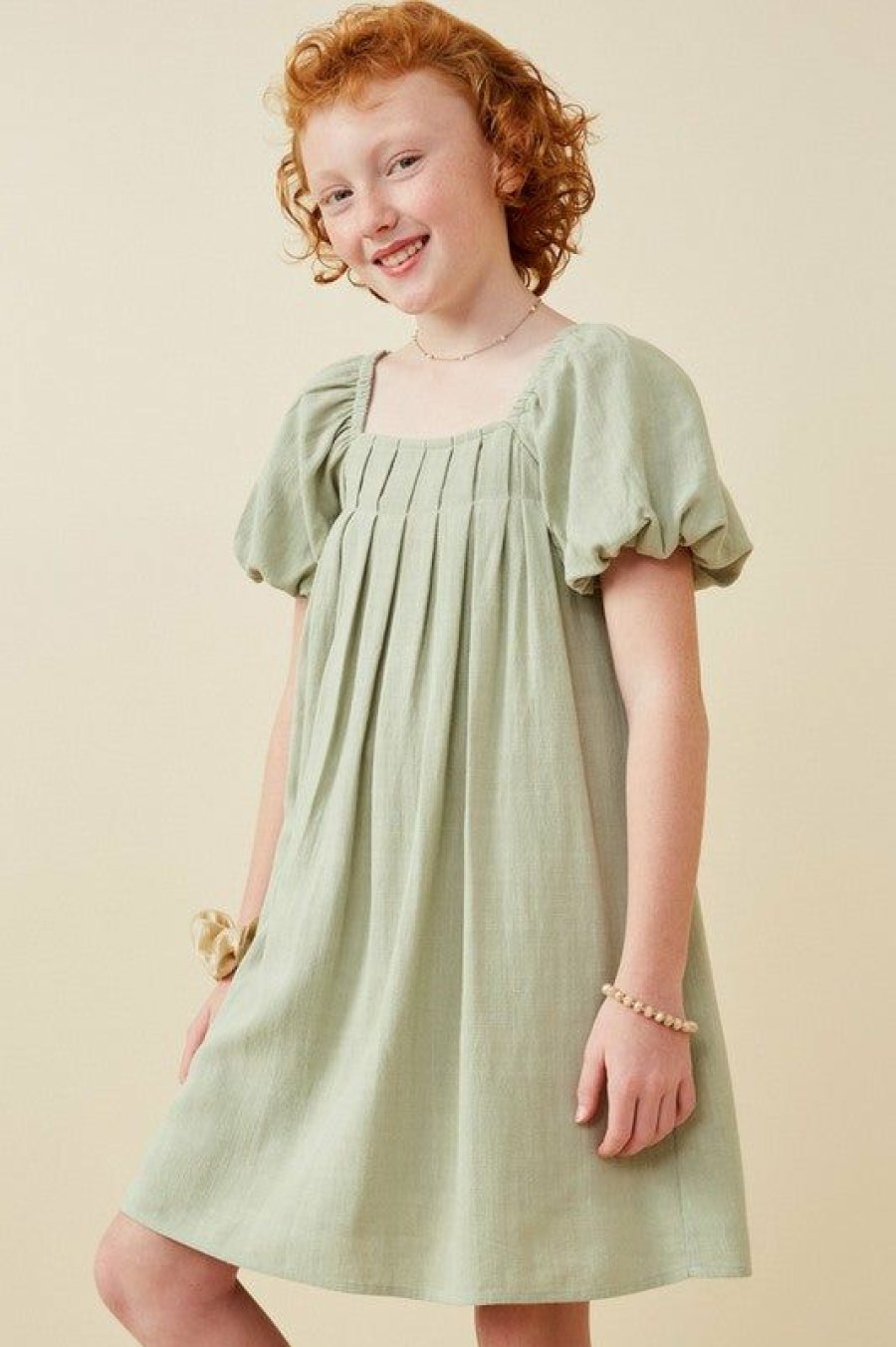 Tween * | Cheapest Tween Hayden Green Box Pleat Linen Dress