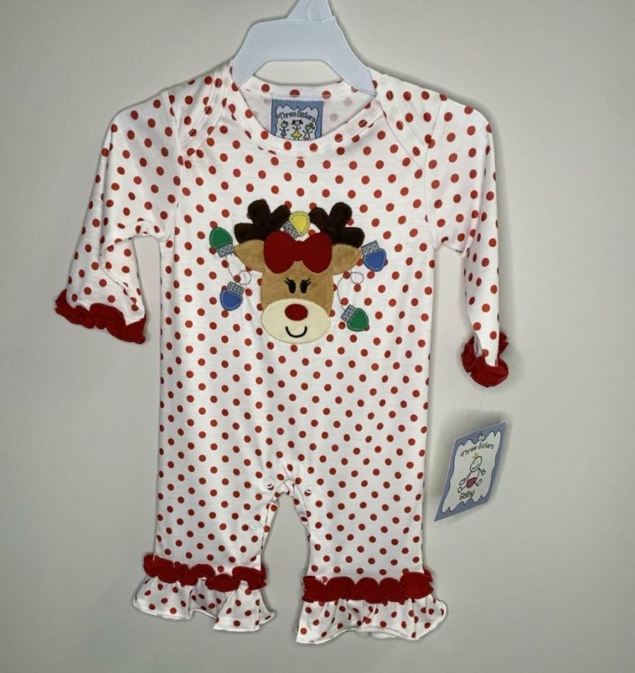 Baby Clothes * | Best Deal Three Sisters Polka Dot Reindeer Lights Ruffle Romper