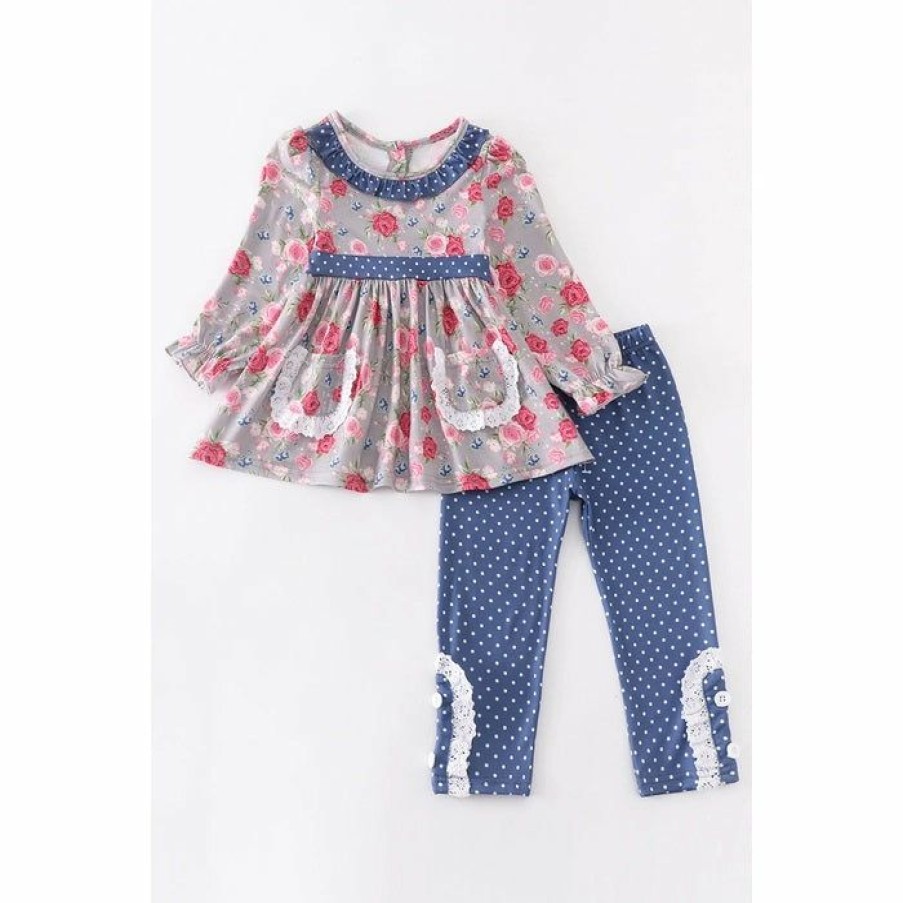 Girls * | Deals Honeydew Grey Floral Pocket Pant Set Girls