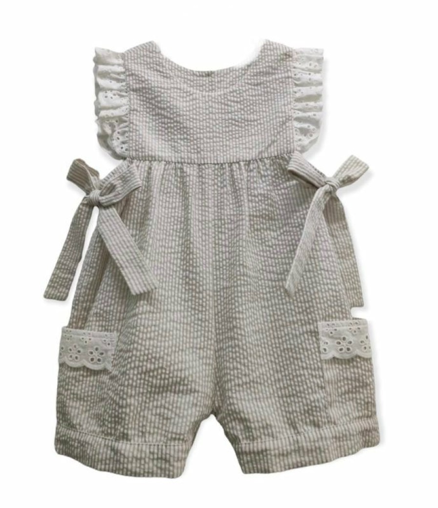 Girls * | New Girls Banana Split Layla Khaki Seersucker Romper