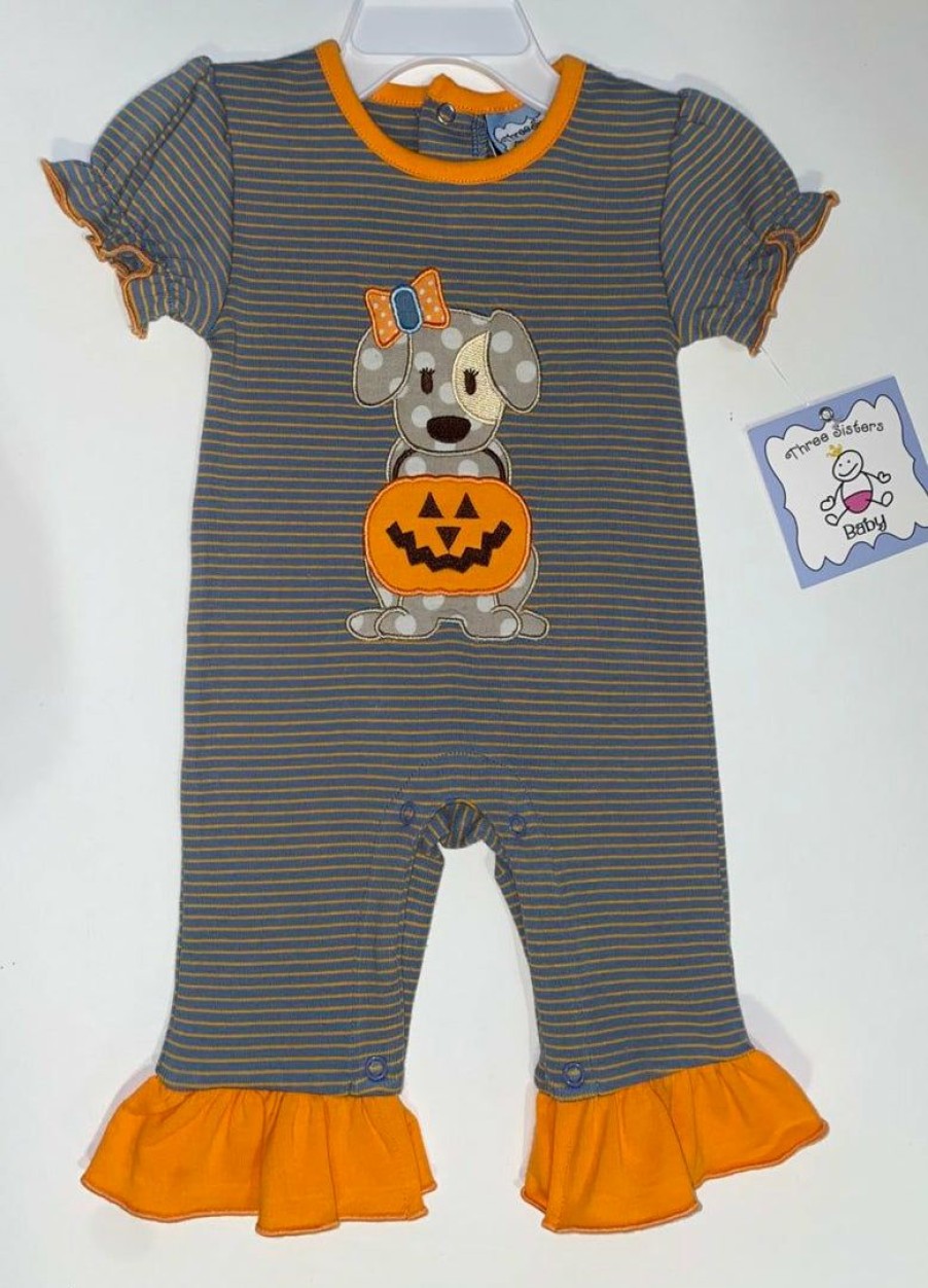 Baby Clothes * | Top 10 Three Sisters Puppy Pumpkin Ruffle Romper Baby Clothes