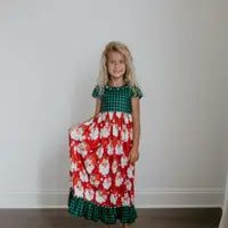 Girls * | Coupon Oopsie Daisy Green Check Santa Pajamas Lounge Gown