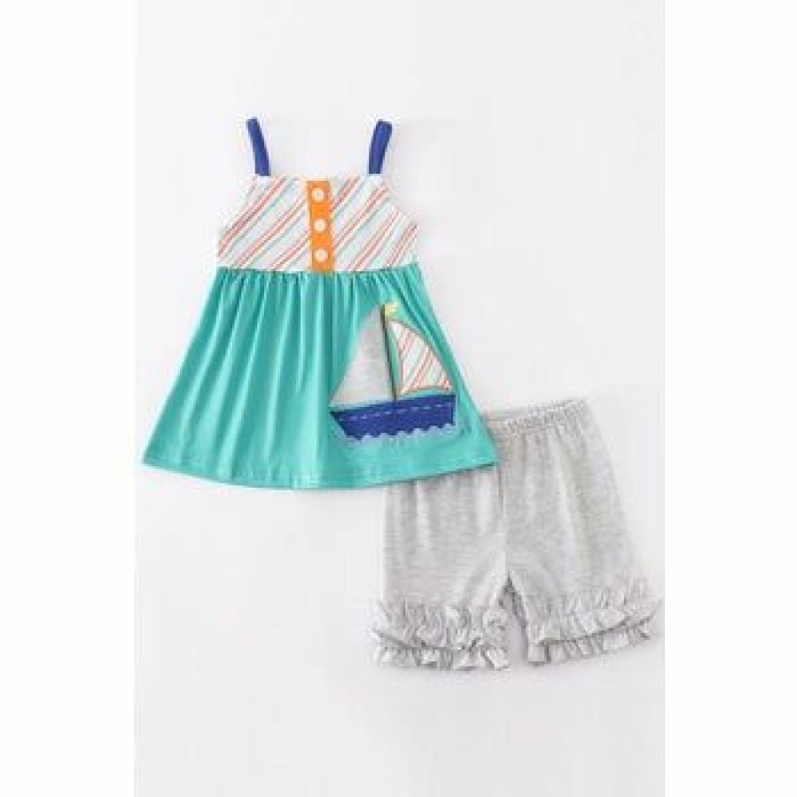 Girls * | Discount Girls Honeydew Teal Sailboat Ruffle Short Set