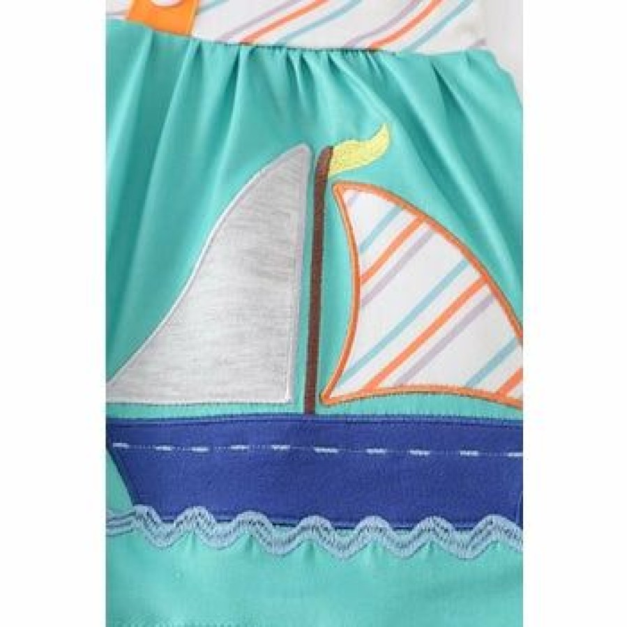 Girls * | Discount Girls Honeydew Teal Sailboat Ruffle Short Set