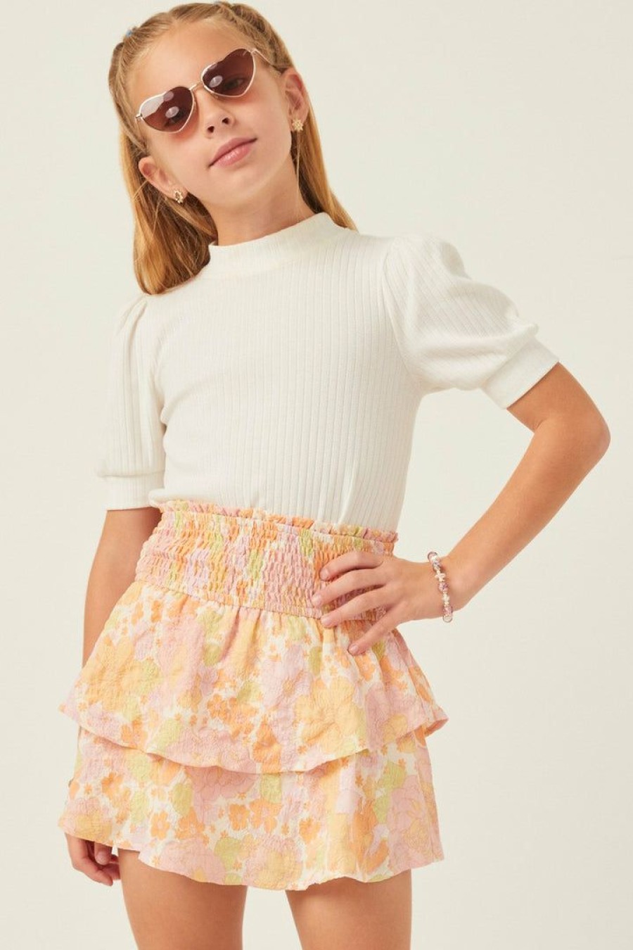 Tween * | Hot Sale Hayden Textured Floral Smock Waist Skirt Tween