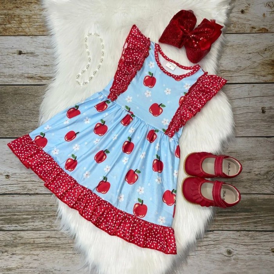 Girls * | Flash Sale Girls Stella Bean Blue & Red Apple Dress