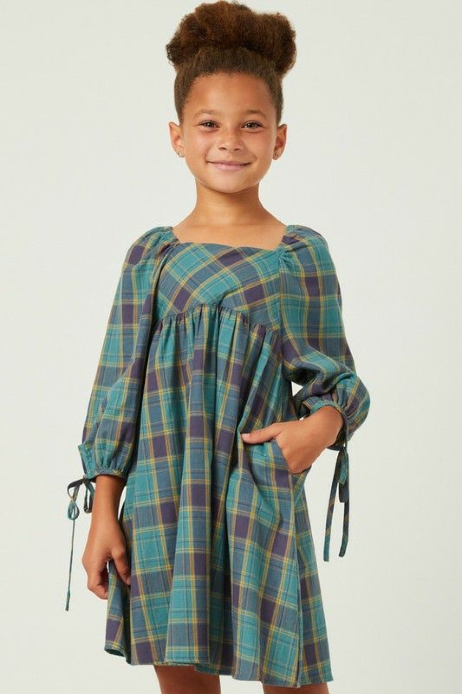 Tween * | Cheapest Hayden Plaid Square Neck Tie Sleeve Dress Tween