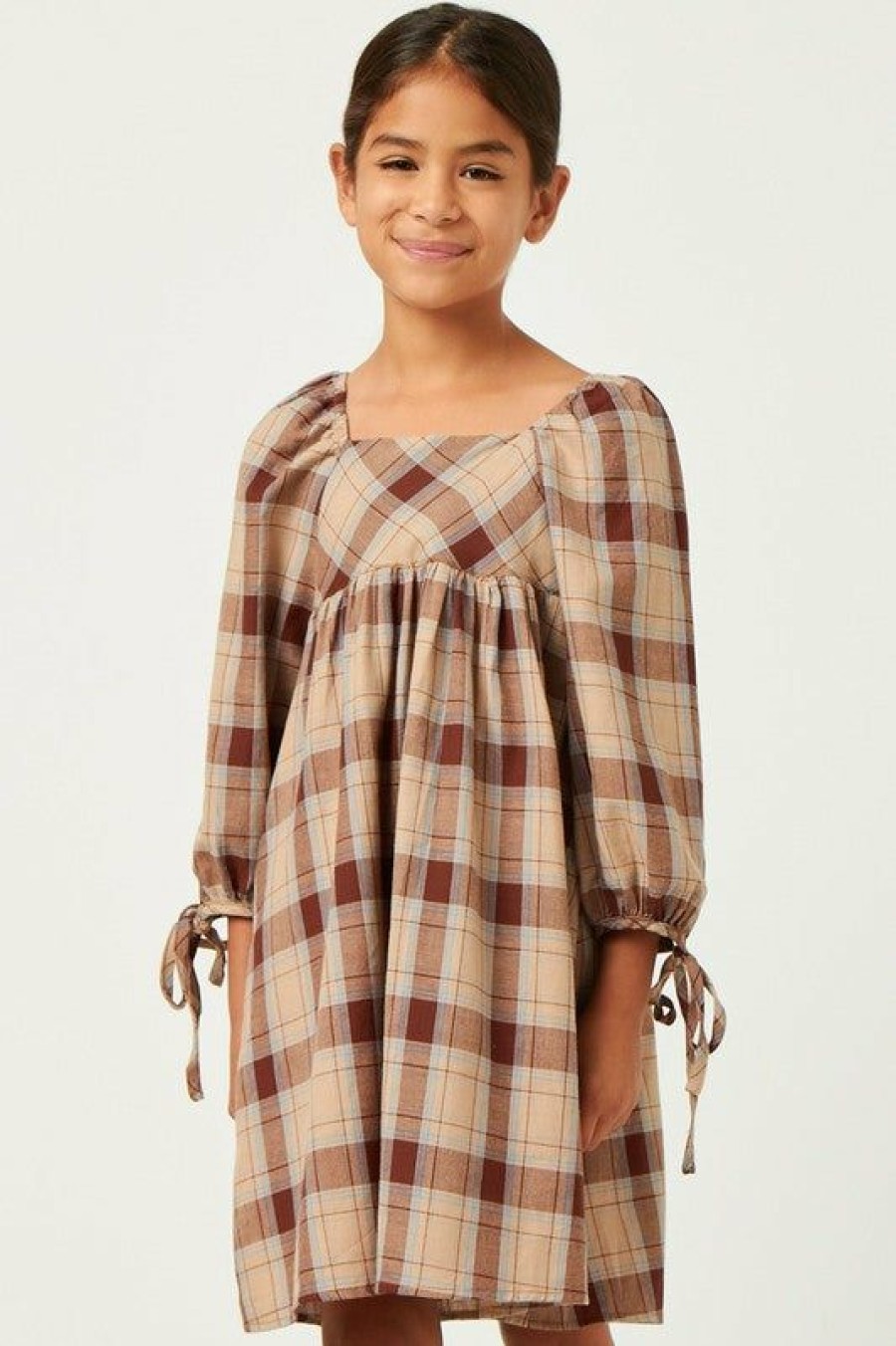 Tween * | Cheapest Hayden Plaid Square Neck Tie Sleeve Dress Tween