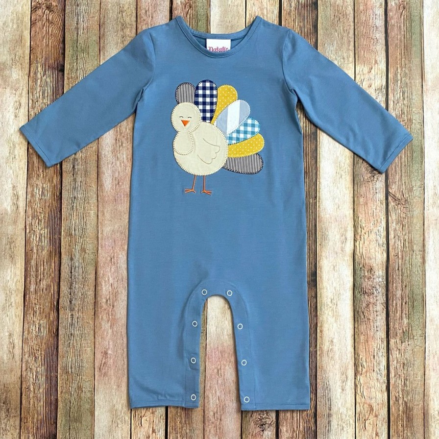 Boys * | Best Deal Natalie Grant Blue Boys Turkey Knit Romper