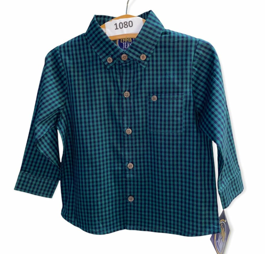 Boys * | Best Pirce Emma Jean Kids Emma Jean Green & Navy Gingham Button Down Shirt Boys